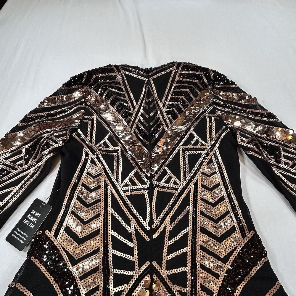 NEW EXPRESS Black Gold Sequin Geometric Bodycon Dress S Glam Holiday Party $118 - Picture 8 of 16